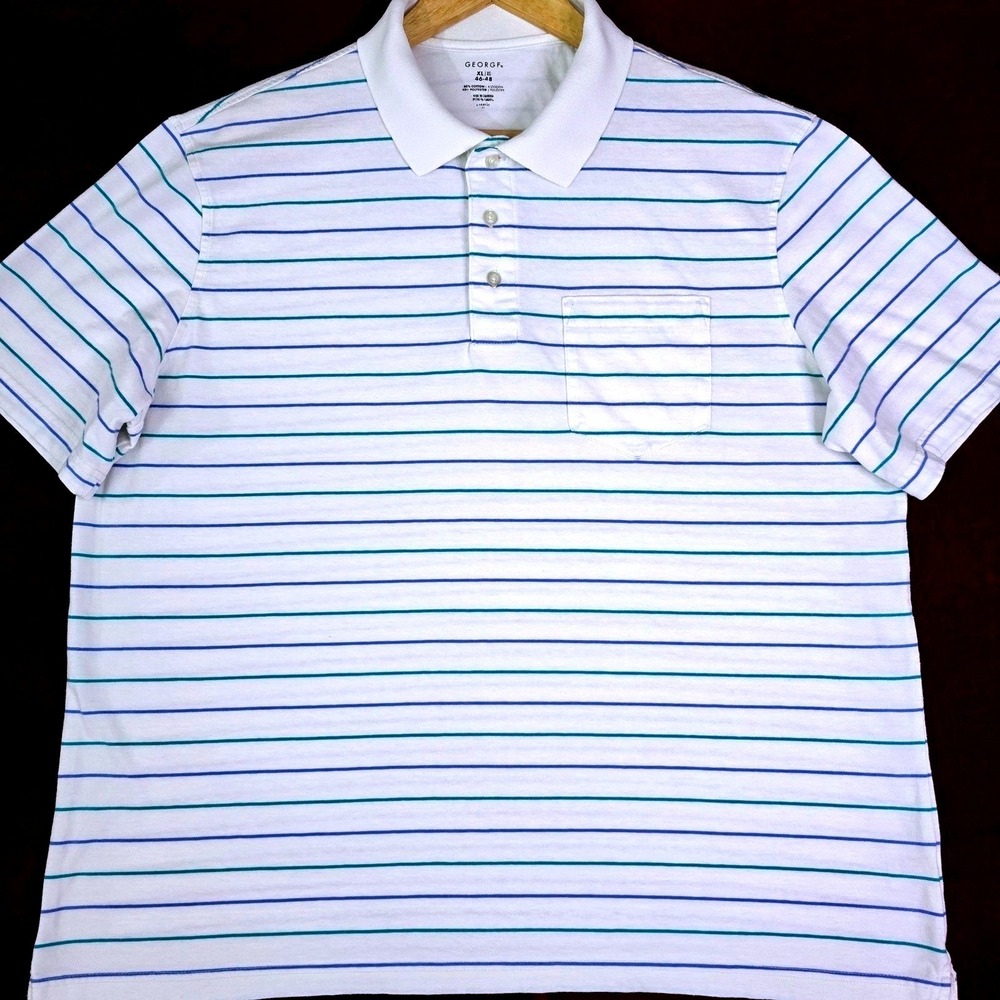 George Mens Size XL Golf Polo Shirt Short Sleeve Pocket Blue Green White Striped